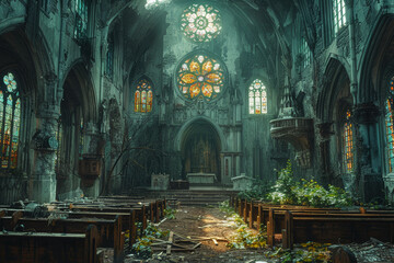 Wall Mural - a crumbling cathedral lost to time, its stained glass windows shattered and its once-majestic spires