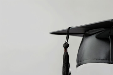 Poster - Minimalist image showcasing the corner of a black graduation cap with its tassel hanging down. The cap is set against a clean white background with ample copy space