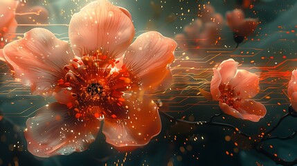 Wall Mural - A digital collage of Digital Bloom, blending high-resolution images of real flowers with abstract digital elements like code streams and circuit patterns.