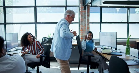 Canvas Print - Dance, happy and business mature man in office to celebrate success, promotion and job opportunity. Professional, creative agency and excited worker with good news, winning and achievement for career