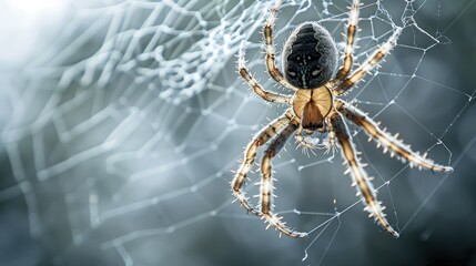 Wall Mural - Creepy spider dangling from its web on a shadowy gray backdrop.