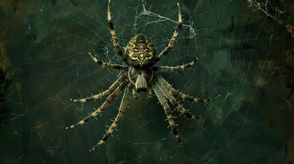 Creepy spider dangling from its web on a dark green canvas.