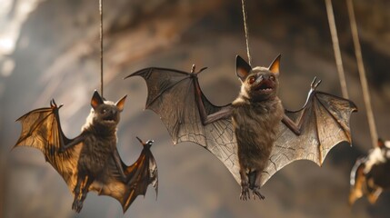 Wall Mural - Creepy bat ornaments hanging in mid-air, their wings outstretched in a frozen flight.