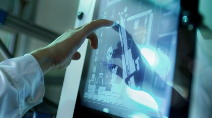 Poster - Close-up of a touch screen used in manufacturing automation, hands adjusting settings, enhancing productivity.