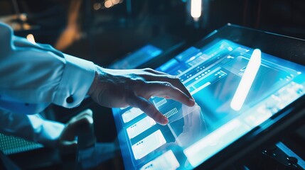 Poster - Close-up of a touch screen used in manufacturing automation, hands adjusting settings, enhancing productivity. 