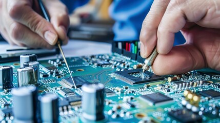 Poster - Detailed view of a technician repairing a computer motherboard, close-up, soldering a component. 