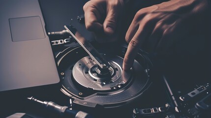 Poster - Close-up of hands swapping out a faulty hard drive in a laptop, precise and careful repair action. 