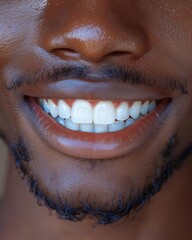 close-up of a joyful smile showcasing white teeth and facial hair, expressing happiness and good den