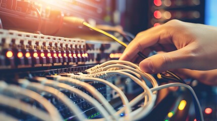 Poster - Technician's hands configuring routers and switches, close-up, critical network support and maintenance. 