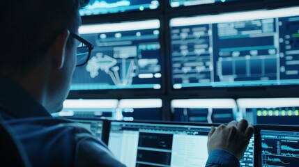 Poster - IT specialist monitoring server status on a bank of screens, close-up, vigilance in network operations center. 