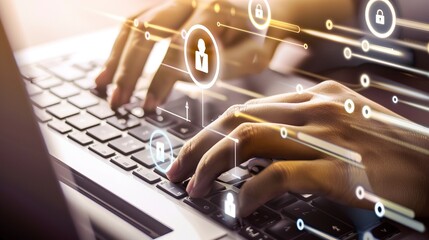 Poster - Hands typing on a keyboard with a digital privacy policy document on the screen, close-up, legal compliance. 