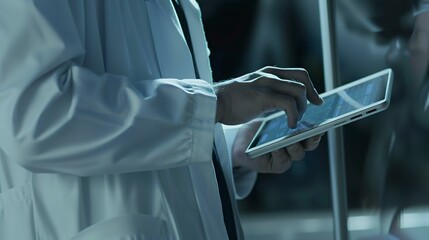 Sticker - Close-up of a medical professional using a digital tablet to access patient records, secure login screen visible.