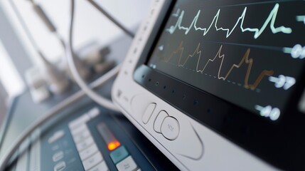 Poster - Close-up of a portable ECG machine in use, detailed readout of cardiac activity, precision medical technology. 
