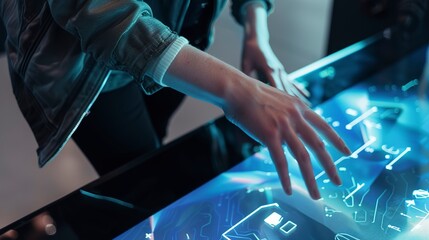 Poster - Expo visitor testing a new AI-powered gadget, close-up, hands interacting with high-tech interface. 