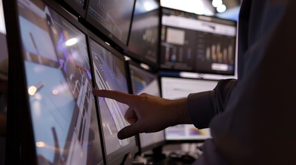Poster - demonstrator at a tech expo explaining software on a dual-screen setup, close-up, engaged and detail