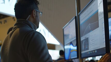 Poster - Demonstrator at a tech expo explaining software on a dual-screen setup, close-up, engaged and detailed presentation. 