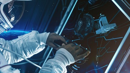 Wall Mural - Close-up of an astronaut using a tablet to control a satelliteâ€™s orbit, detailed space tech interface visible. 