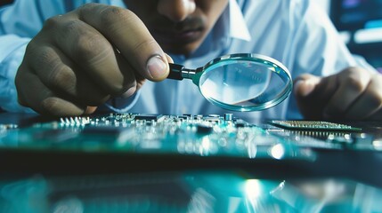 Poster - Tech worker inspecting microchips, magnifying glass in hand, sharp focus, close up 