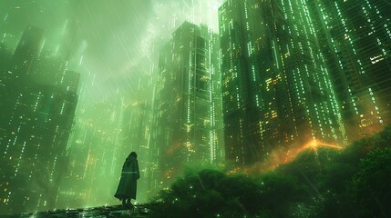 Poster - A digital illustration of rapid streams of binary code flowing through a futuristic cityscape, with glowing green numbers against a dark, high-tech background.
