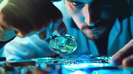 Poster - Tech worker inspecting microchips, magnifying glass in hand, sharp focus, close up 