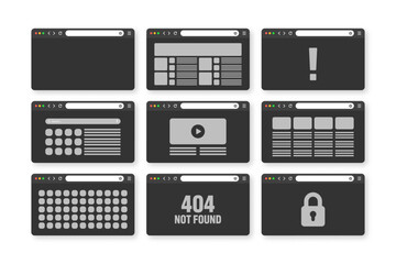 Fototapete - Web browser window, pages layout with toolbar and search field. Modern website, internet page in flat style. Browser mockup for computer, tablet and smartphone. Adaptive UI. Vector illustration