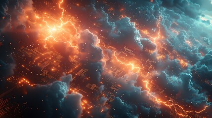 Wall Mural - A digital illustration of the Circuit Storm, showing electronic components like resistors and capacitors swirling in a fierce storm, with lightning bolts illuminating the scene against a dark.