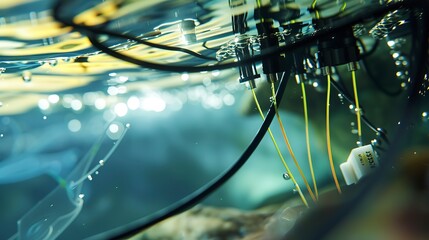 Canvas Print - Water quality monitoring sensor submerged, close view of probes and wires, natural water light 