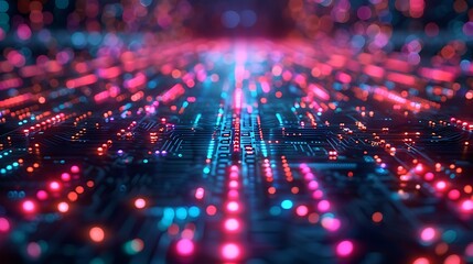 Wall Mural - A futuristic visualization of silicon chip pathways, with pulsating turquoise and magenta signals, portrayed in a holographic display hovering over a digital landscape.