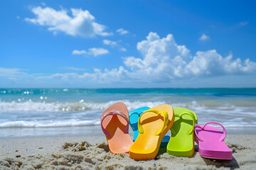 Wall Mural - Colorful flip flops on beach. Summer background.