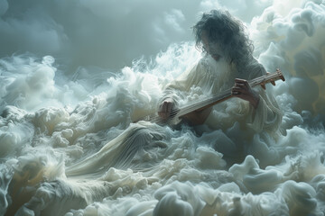 Canvas Print - A musician playing an instrument made of clouds. Concept of ethereal creativity. Generative Ai.