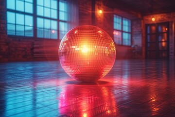 Red disco ball is sitting on a wooden floor in a room with windows. Dance studio or a party venue