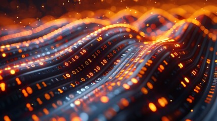 Poster - A high-tech illustration of binary code streams flowing through a futuristic landscape, with glowing white and orange digits, embedded within a sleek, metallic structure.
