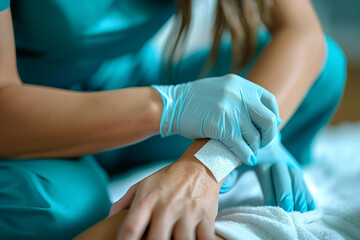 Canvas Print - A nurse bandaging a patient's wound. Concept of medical aid. Generative Ai.