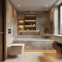 Wall Mural -  Immerse yourself in the sleek sophistication of a contemporary European bathroom showcasing a built-in bathtub and a floating vanity with integrated storage