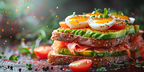 Avocado Toast: Sliced avocado on toasted bread with additional toppings like poached eggs, tomatoes, and smoked salmon.
