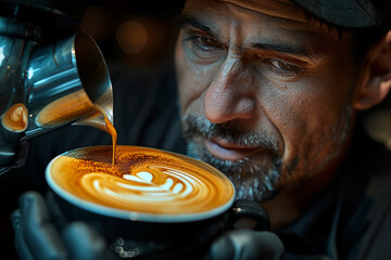 Canvas Print - A barista crafting intricate latte art. Concept of coffee creativity. Generative Ai.