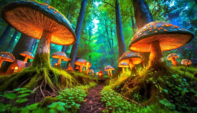 A fairy tale forest where the canopy is alive with the vibrant roofs of mushroom homes. 