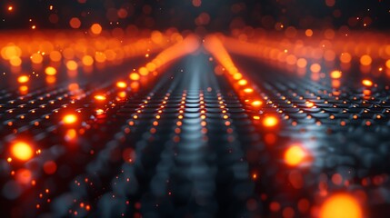 Wall Mural - A photorealistic depiction of pulsating electronic signals traveling through silicon chip pathways, with glowing red and orange lines on a sleek, metallic surface.