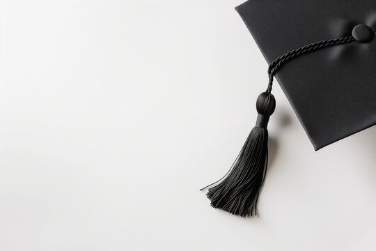 Traditional black graduation cap with a hanging tassel is positioned against a clean white background, symbolizing academic achievement and completion of studies