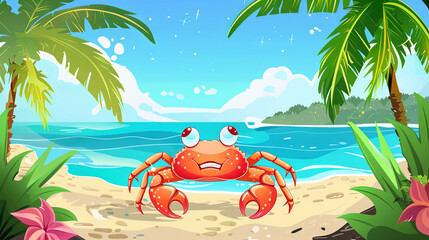 Wall Mural - Cartoon crab walking on the beach near the ocean