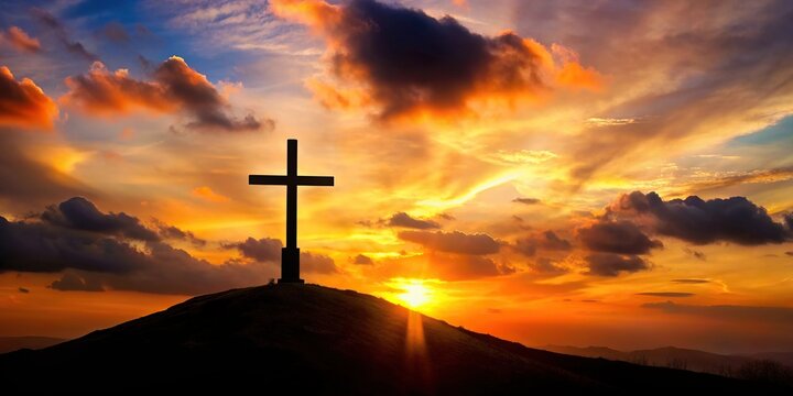 Silhouette of cross on a hill during Holy Week , religious, faith, Christianity, symbol, Easter, landscape, sunset, hill, inspiration, spiritual, holy, divine, resurrection, sacrifice