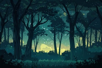 Wall Mural - Magical forest night illuminated by fireflies and stars