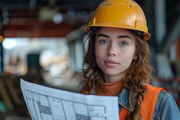 Canvas Print -  Confident female construction worker with blueprint at construction site 