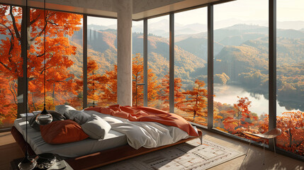 Wall Mural - Luxurious cozy bedroom with views of the autumn mountains