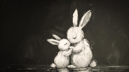 Wall Mural - A mother rabbit with a baby rabbit