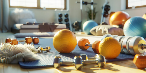 Home Workout: A yoga mat, exercise balls, and free weights scattered around a bedroom