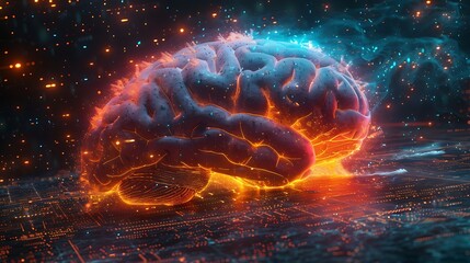 Wall Mural - A vibrant illustration of electrical pulses in a digital brain, with glowing rainbow-colored synapses, set against a black background filled with mathematical equations and algorithms.