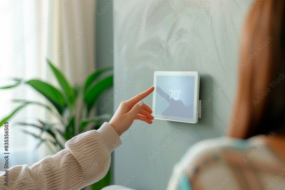 Smart home automation panel monitor finger touching small tablet ...