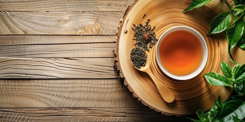 A wooden table set with a cup of tea, tea leaves, and a wooden spoon.