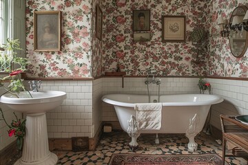 Wall Mural - Journey back in time to a classic European bathroom adorned with elegant details like a pedestal sink, a clawfoot bathtub, vintage fixtures, and intricate tile work